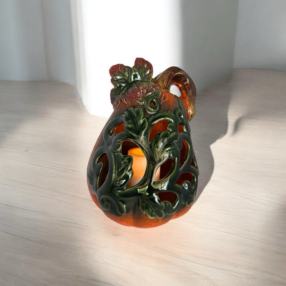 Lighted Pierced Ceramic Votive Candle Gourd Battery Incl Timer 9 Inches